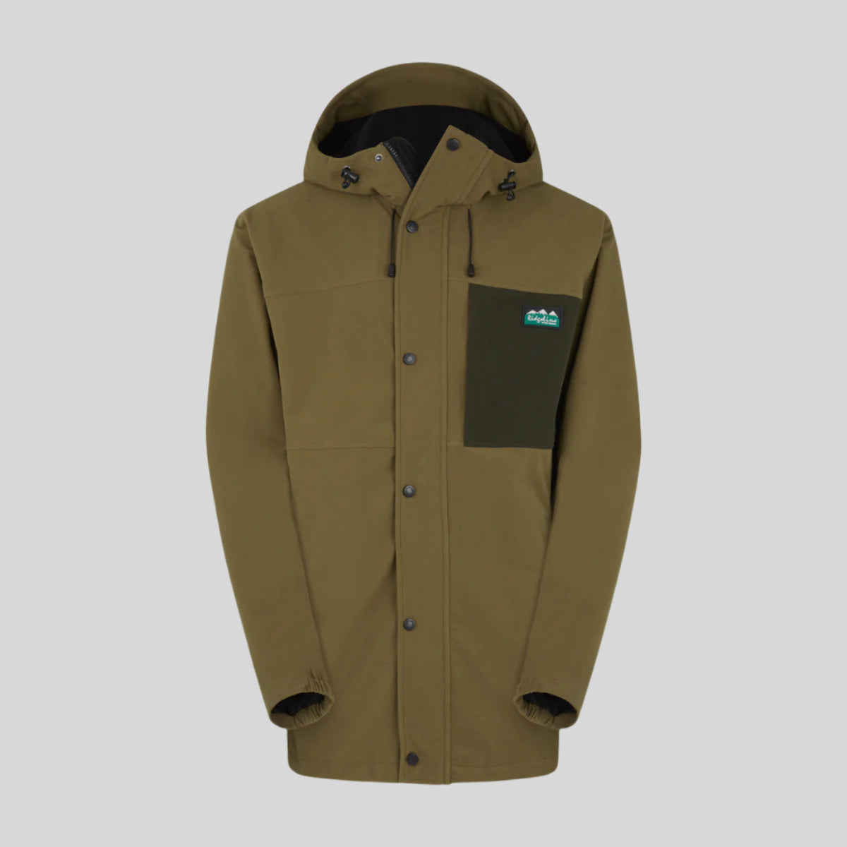 A brown Tempest waterproof jacket with a hood, featuring a chest pocket, hand pockets, and twin adjustable hem drawcords. on a white background