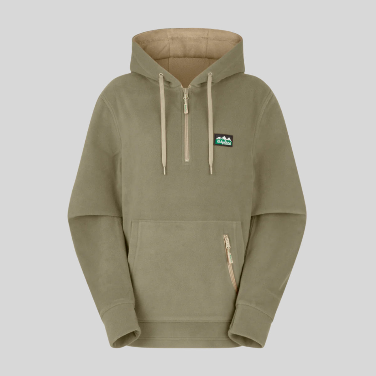 Khaki green fleece hoodie with a Ridgeline Clothing Logo on a white background