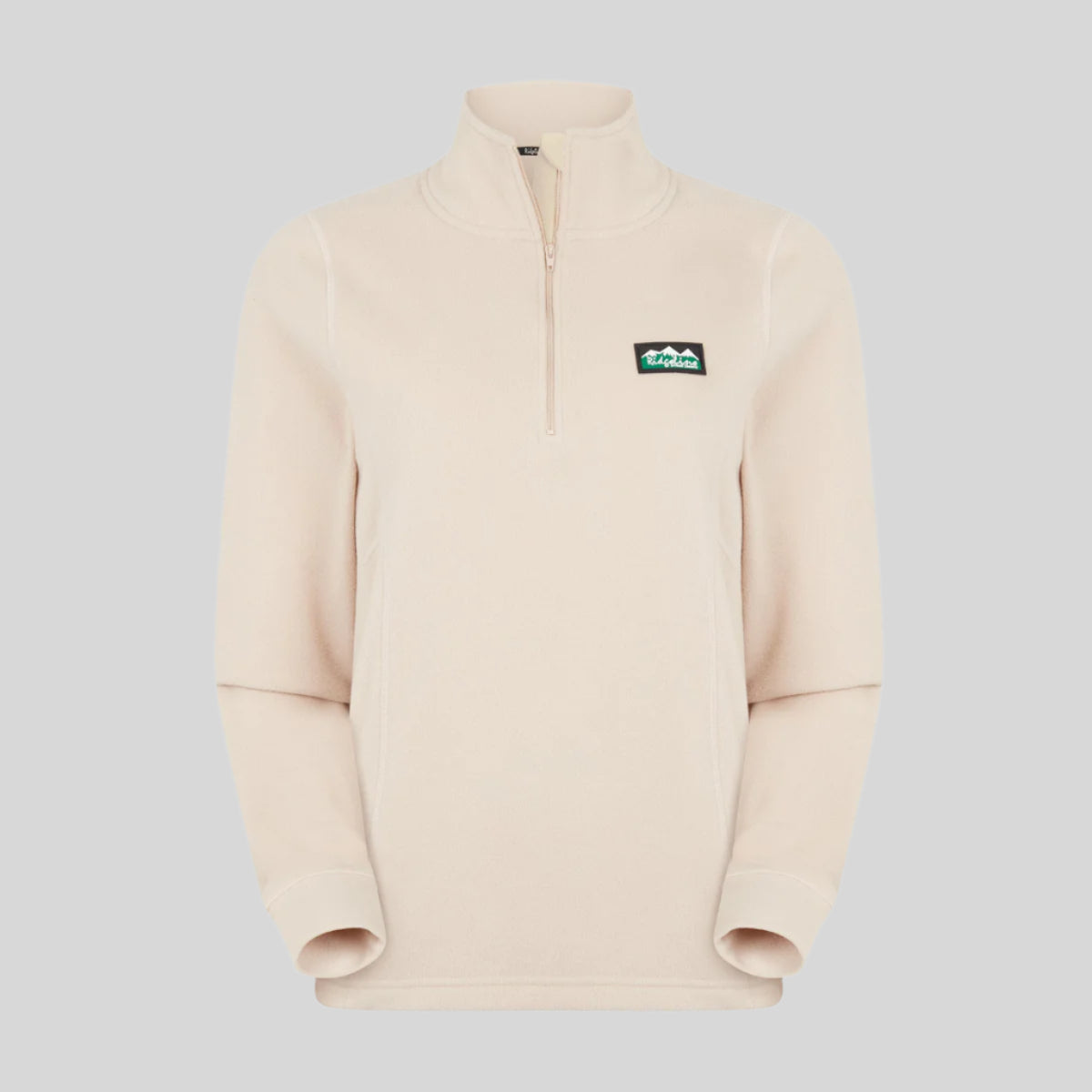 A Cream fleece sweatshirt with a half zipper and a Ridgeline Clothing logo on the chest.