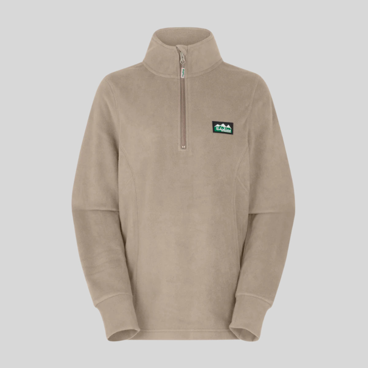 Beige fleece pullover with a Ridgeline Clothing logo on a white background