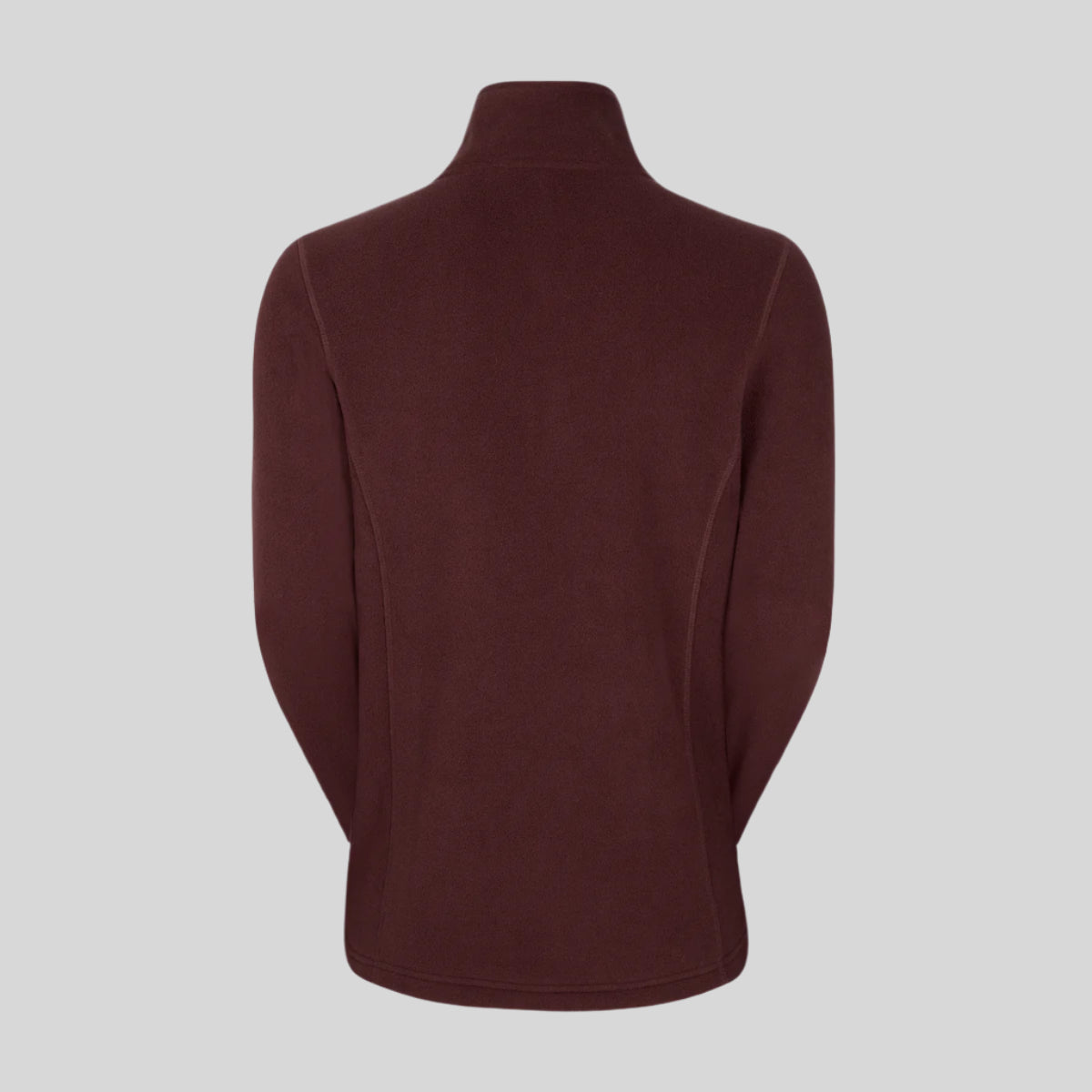 Back view of a red fleece sweatshirt with a half zipper and a Ridgeline Clothing logo on the chest. On a white background