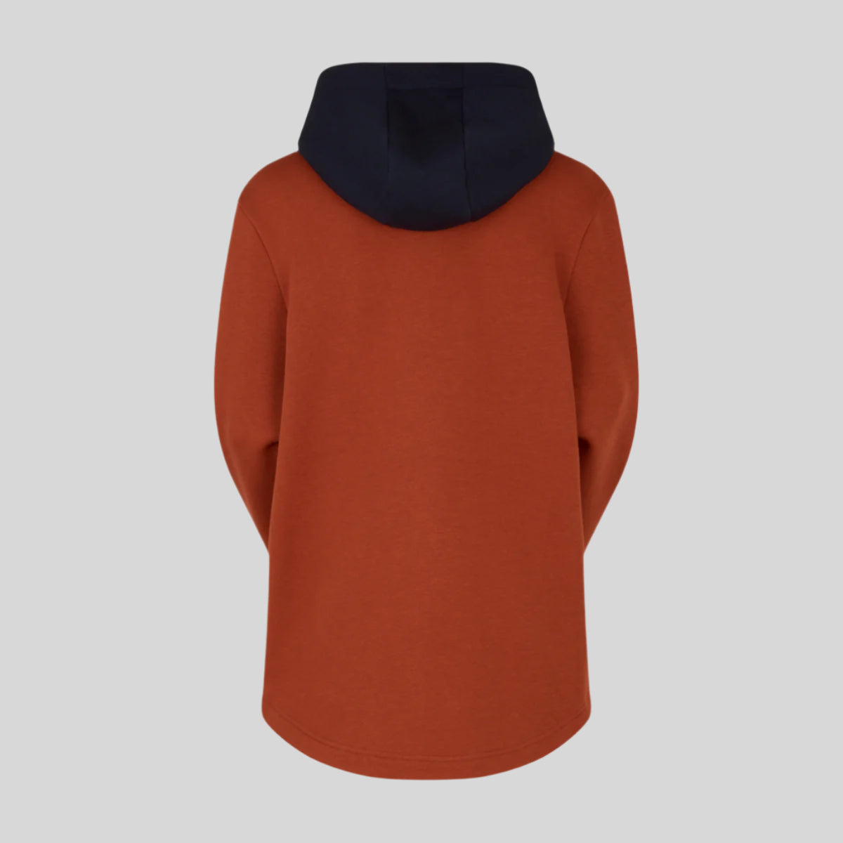 back view of red hoodie with black hood on a white background