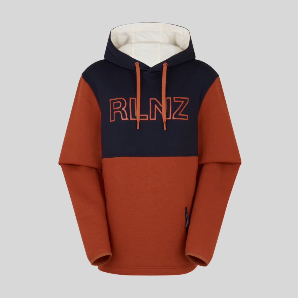Hoodie with navy and red design with logo 'RLNZ' on chest. on a white background