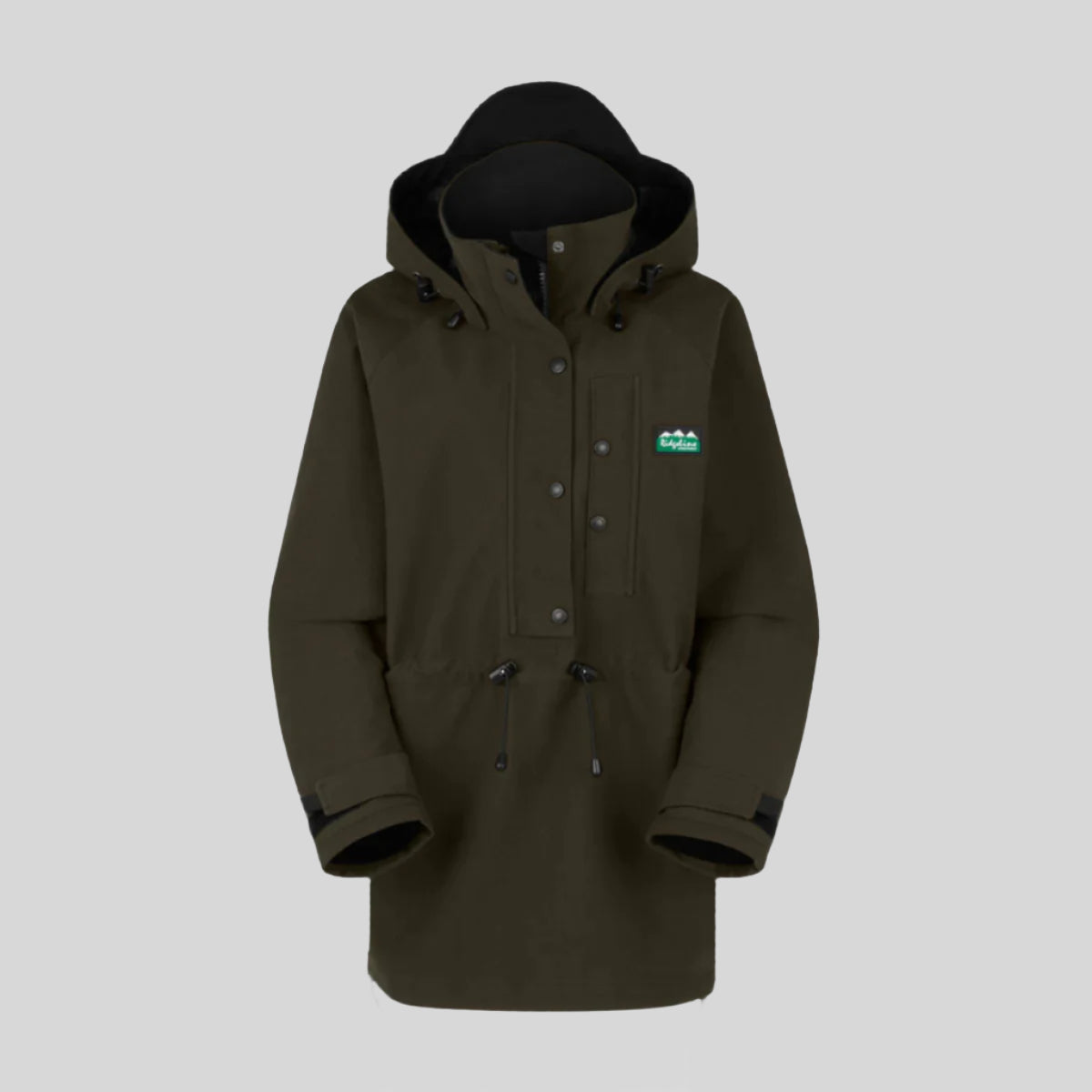 Green waterproof jacket with a Ridgeline Clothing brand logo on a white background