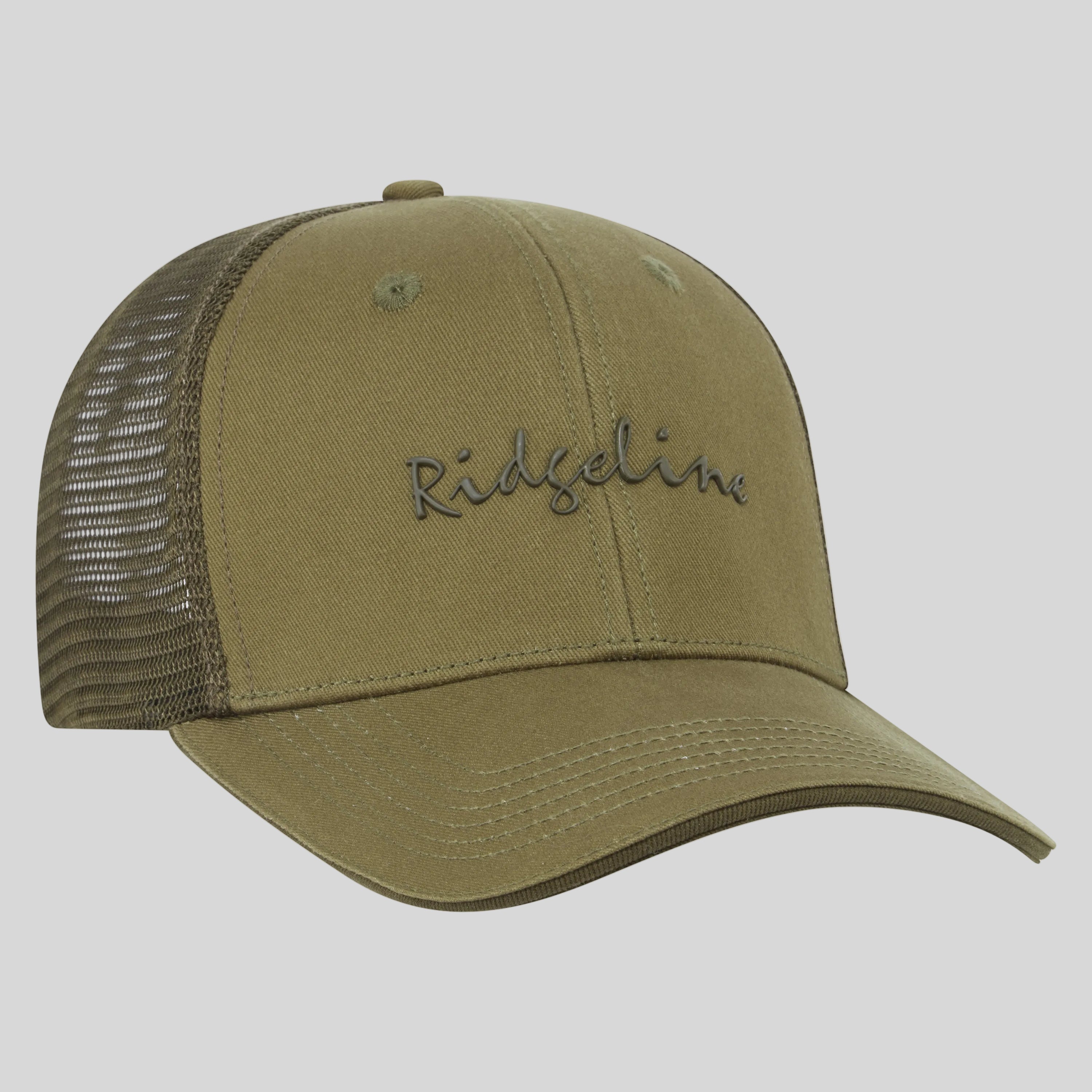 Khaki trucker cap with mesh back on a grey background