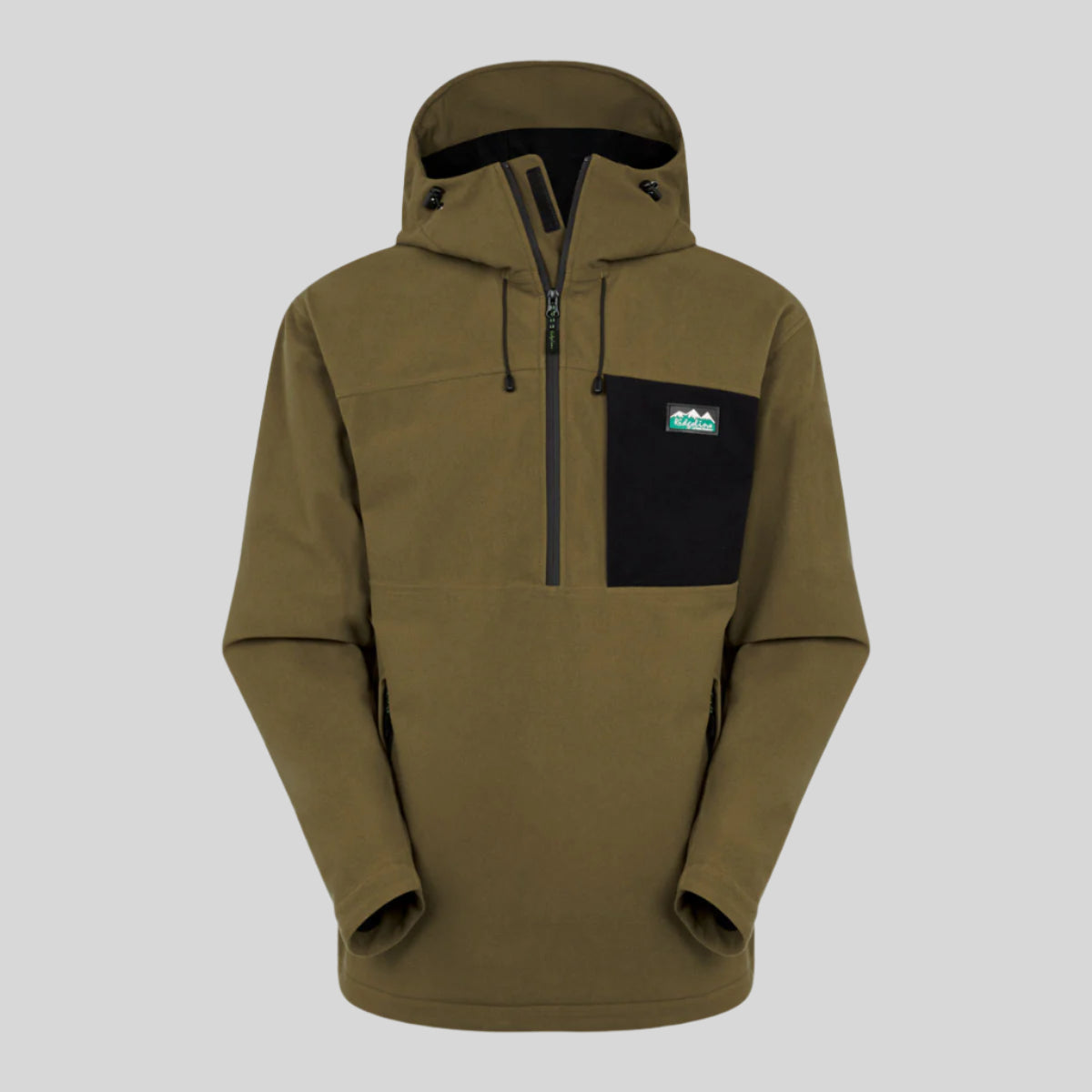 Brown waterproof hooded jacket with a black pocket on a white background