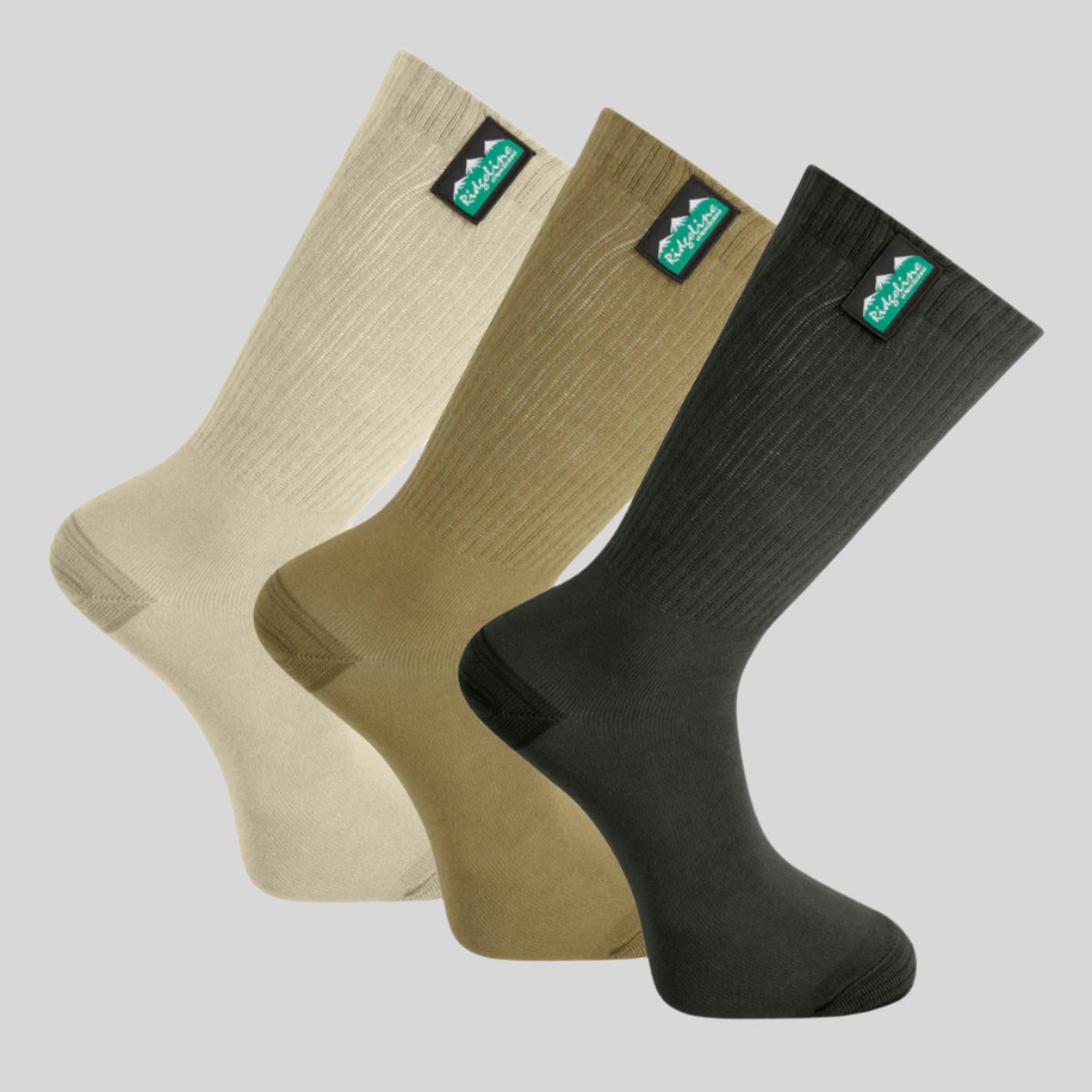 Three pairs of socks in beige, brown, and green with a brand logo on a white background.