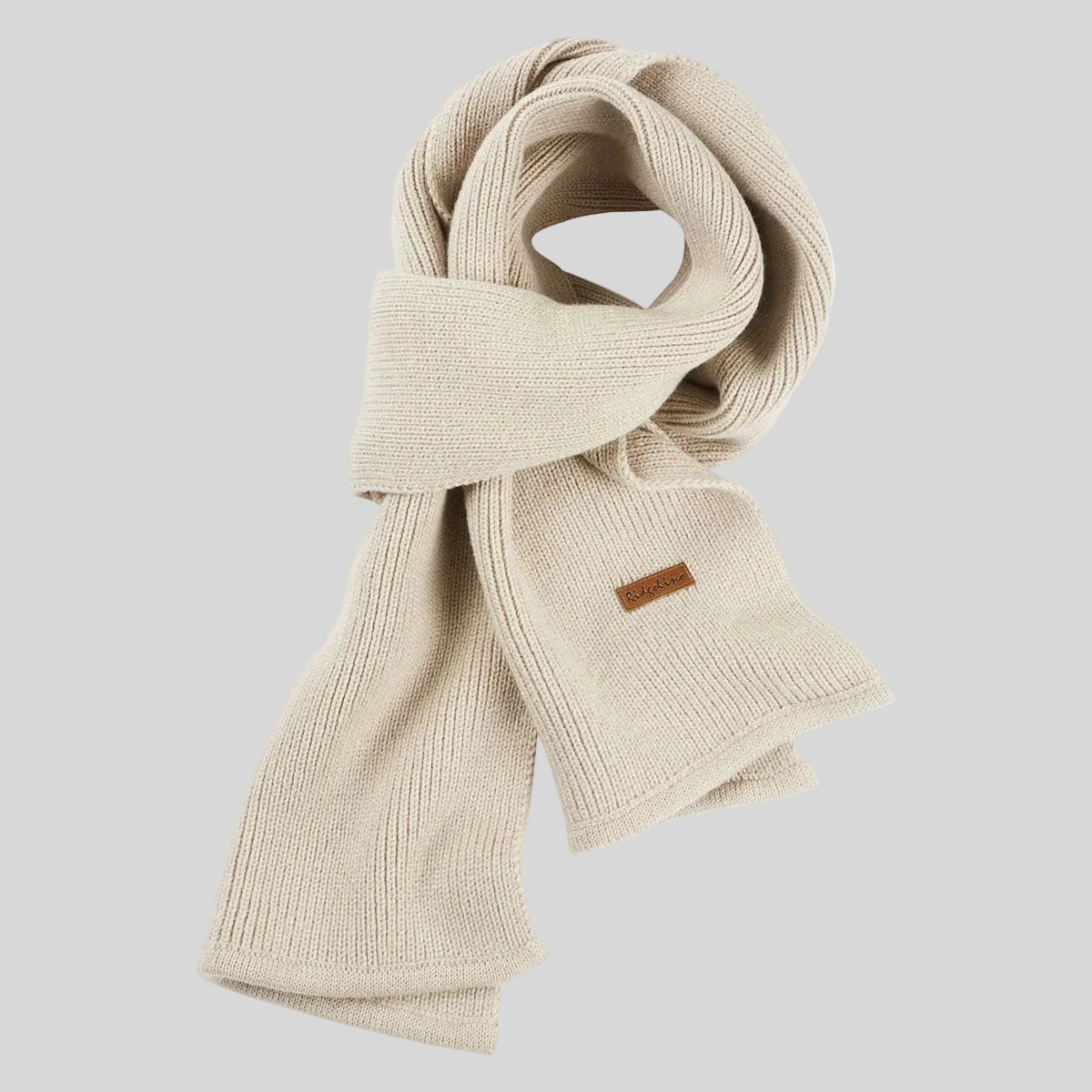 Cream ribbed knit scarf with folded ends and stitched logo patch, laid flat view.