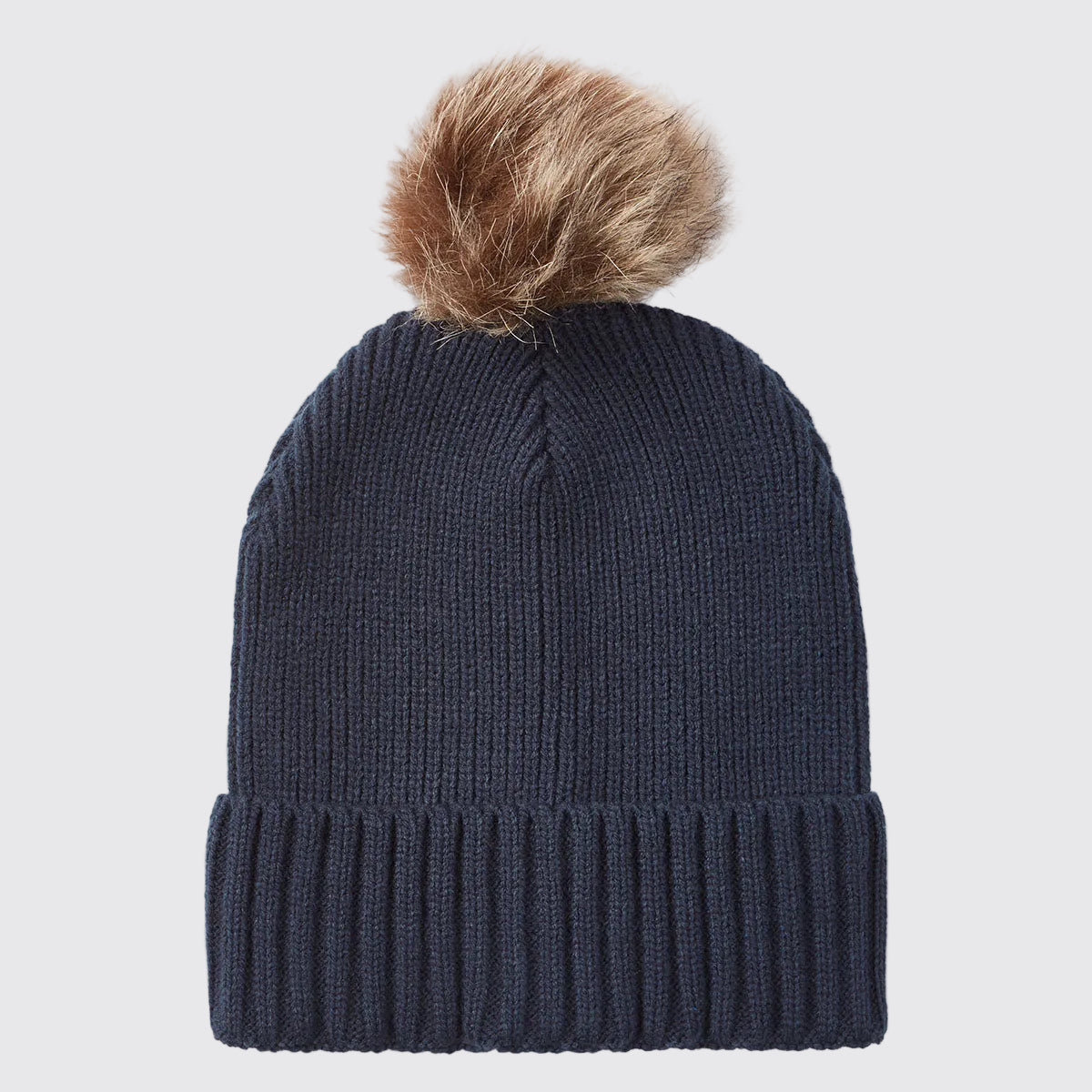 Navy ribbed knit beanie hat with faux fur pom pom, back view