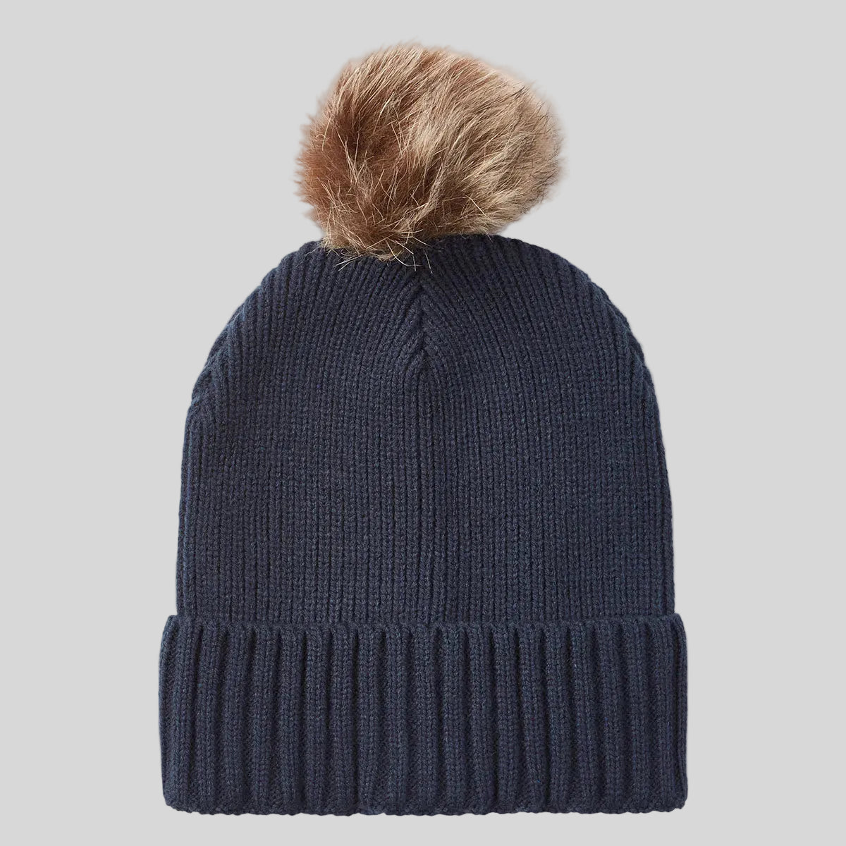 Navy ribbed knit beanie hat with faux fur pom pom, back view