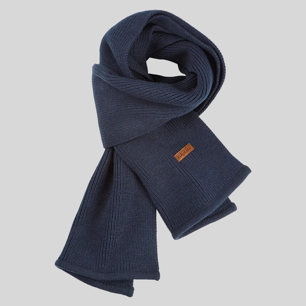 Navy ribbed knit scarf with folded ends and stitched logo patch, laid flat view