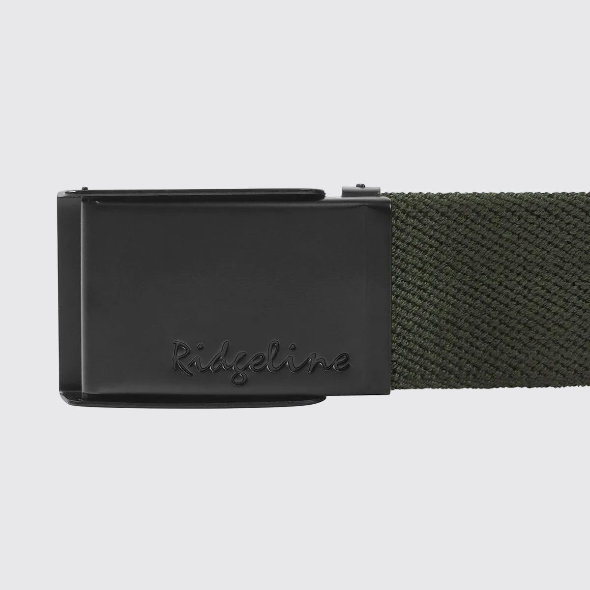 Ridgeline green woven fabric belt with Ridgeline‑inscribed black plaque buckle, close-up front detail