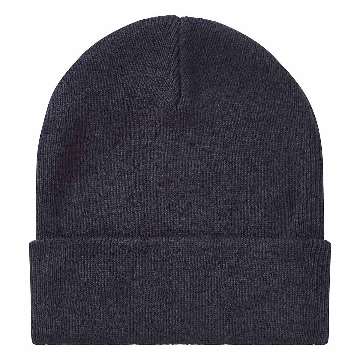 Rear view of a navy blue ribbed knit beanie with a folded cuff, displayed against a light grey background. The beanie features a clean, minimalist design with no visible branding on the back. The fine knit texture, central top seam, and stretch-fit construction are clearly visible, highlighting the hat's simple, versatile style and warm winter-weather design.