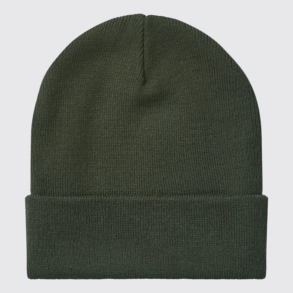 Rear of a greenish blue ridgeline beanie in a studio gray background