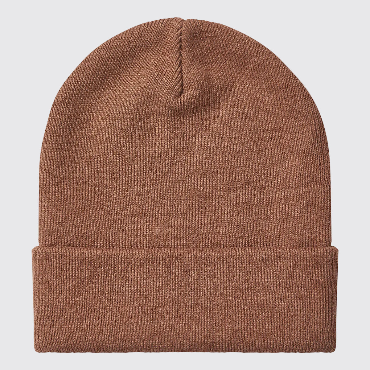 Brown ribbed knit cuffed beanie in heather brown, back view.