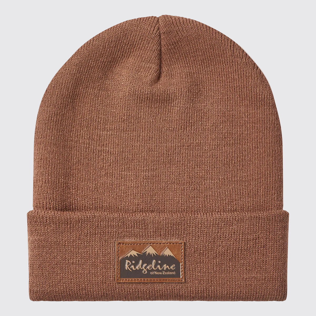 Brown knitted cuffed beanie in heather brown with a Ridgeline New Zealand leather logo patch, front view.