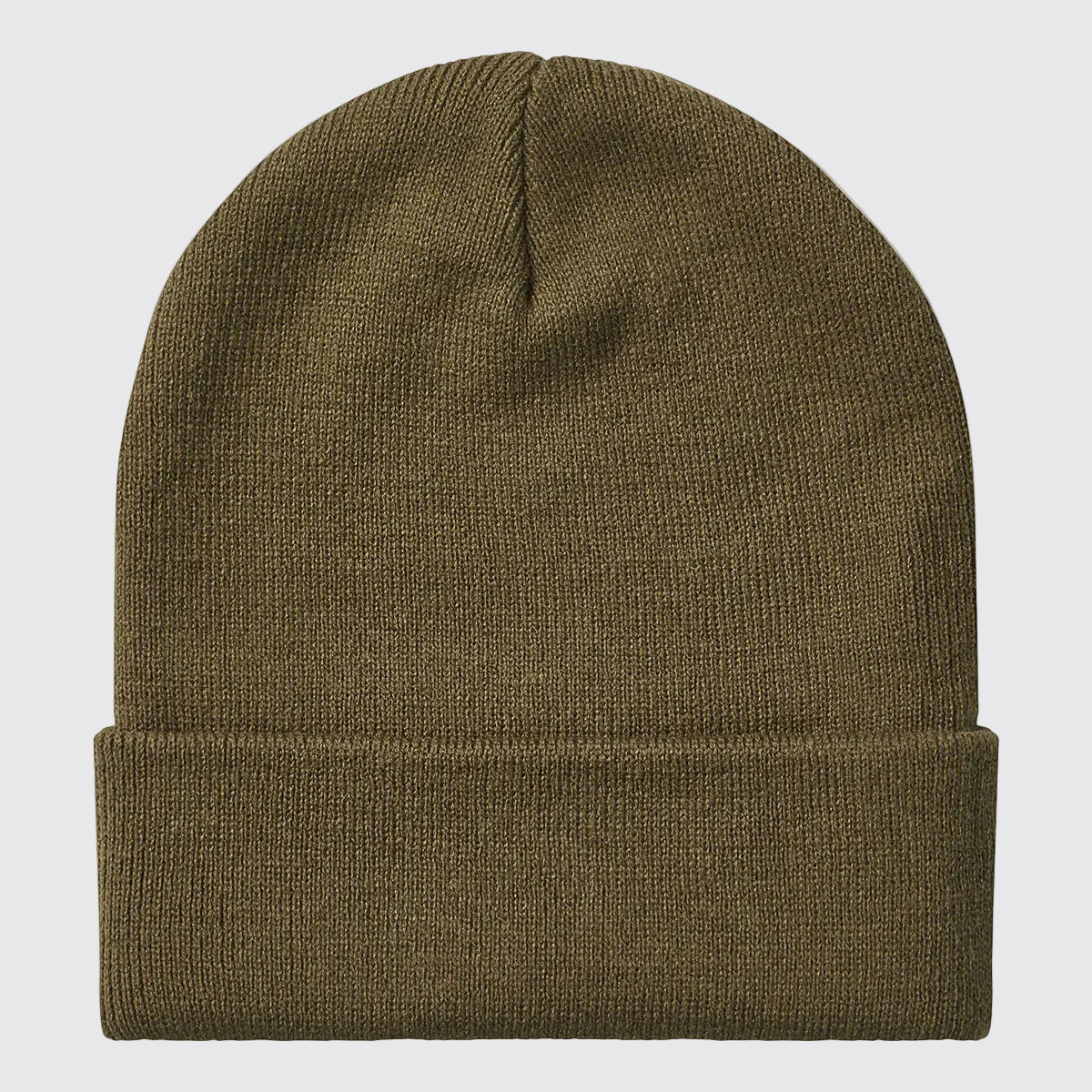 Rear view of a greenish-brown ribbed knit beanie with a folded cuff, displayed against a light grey background. The beanie features a clean, unbranded back with a fine-knit texture and a central top seam. Its stretch-fit construction and classic cuffed design are clearly visible, highlighting a simple, versatile style suitable for outdoor wear and cold-weather conditions.