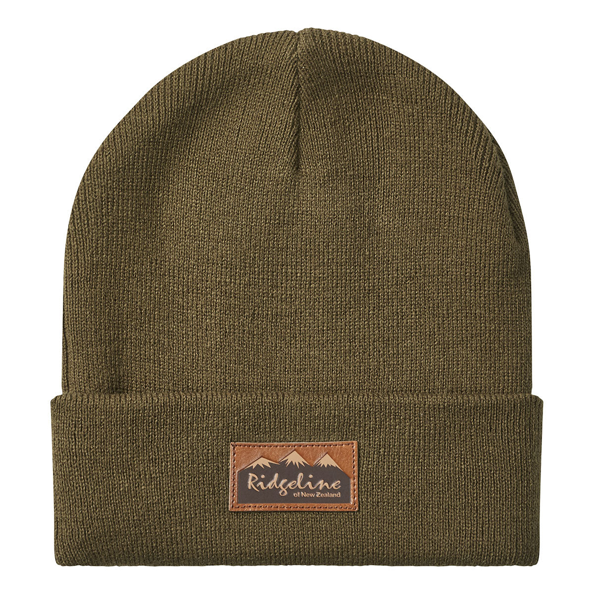 Front view of a greenish-brown ribbed knit beanie with a folded cuff, displayed against a light grey background. A brown faux-leather patch is centered on the cuff, featuring the Ridgeline of New Zealand logo with a mountain graphic. The fine-knit texture, stretch-fit construction, and classic cuffed design are clearly visible, highlighting the beanie's warm, durable, and versatile outdoor style.