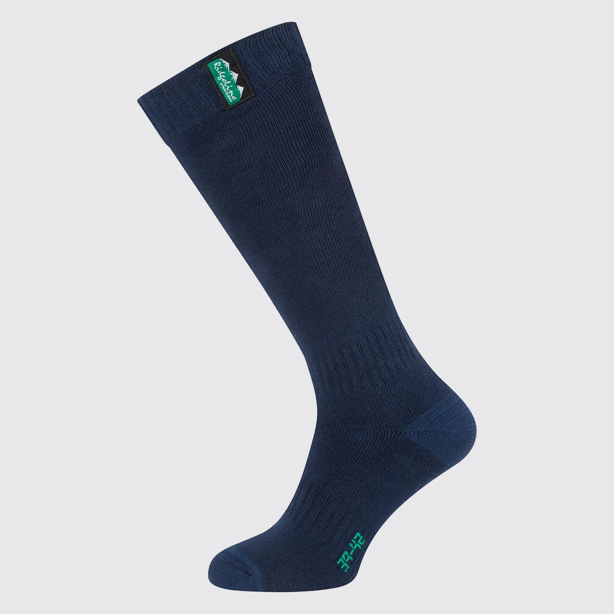 Single navy blue full-length cotton work sock with a ribbed knit construction, displayed against a light grey background. The sock features a small Ridgeline logo tab near the top cuff and green size marking on the foot, highlighting the knee-high length and durable design.