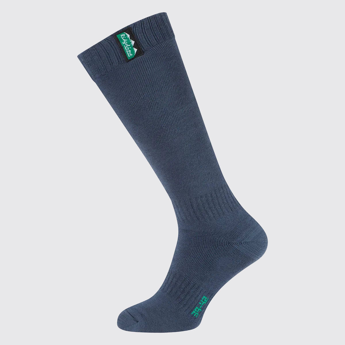 Alt text:
Single navy blue full-length cotton work sock with a ribbed knit construction, displayed against a light grey background. The sock features a small Ridgeline logo tab near the top cuff and green size marking on the foot, highlighting the knee-high length and durable design.