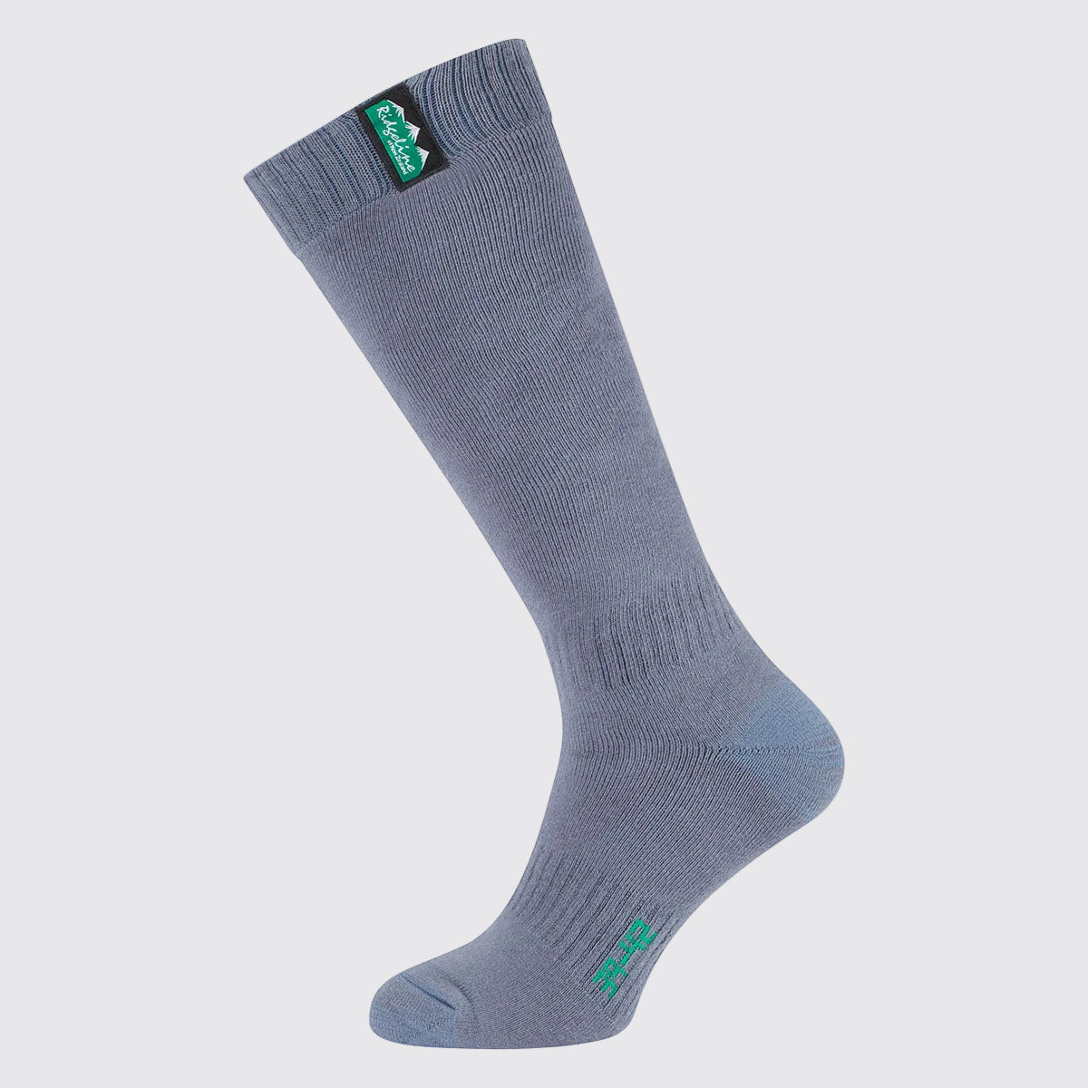 Single navy blueish gray full-length cotton work sock with a ribbed knit construction, displayed against a light grey background. The sock features a small Ridgeline logo tab near the top cuff and green size marking on the foot, highlighting the knee-high length and durable design.
