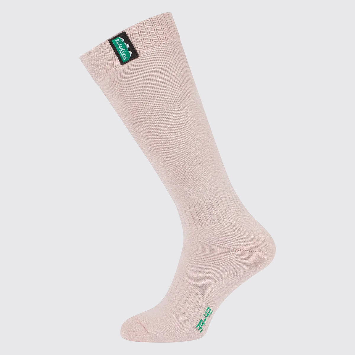 Light pink full-length cotton work sock with a ribbed knit design, shown individually against a light grey background to highlight coverage and fit.
