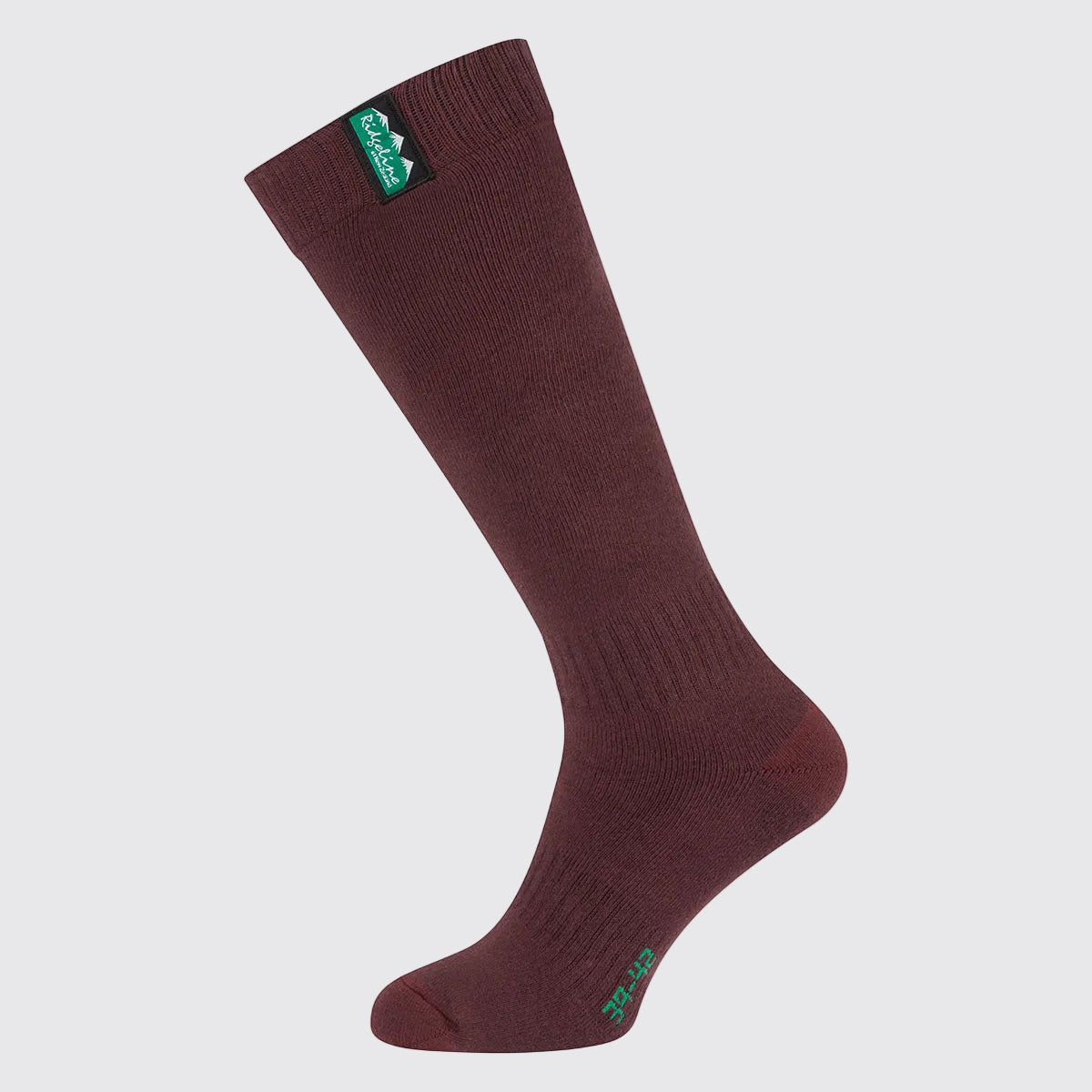 Burgundy full-length cotton work sock with a ribbed knit design, shown individually against a light grey background to highlight coverage and fit.