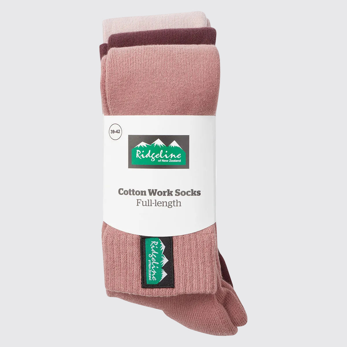 Pack of three full-length cotton work socks in pink and burgundy shades, bundled with a Ridgeline-branded sleeve on a light grey background.