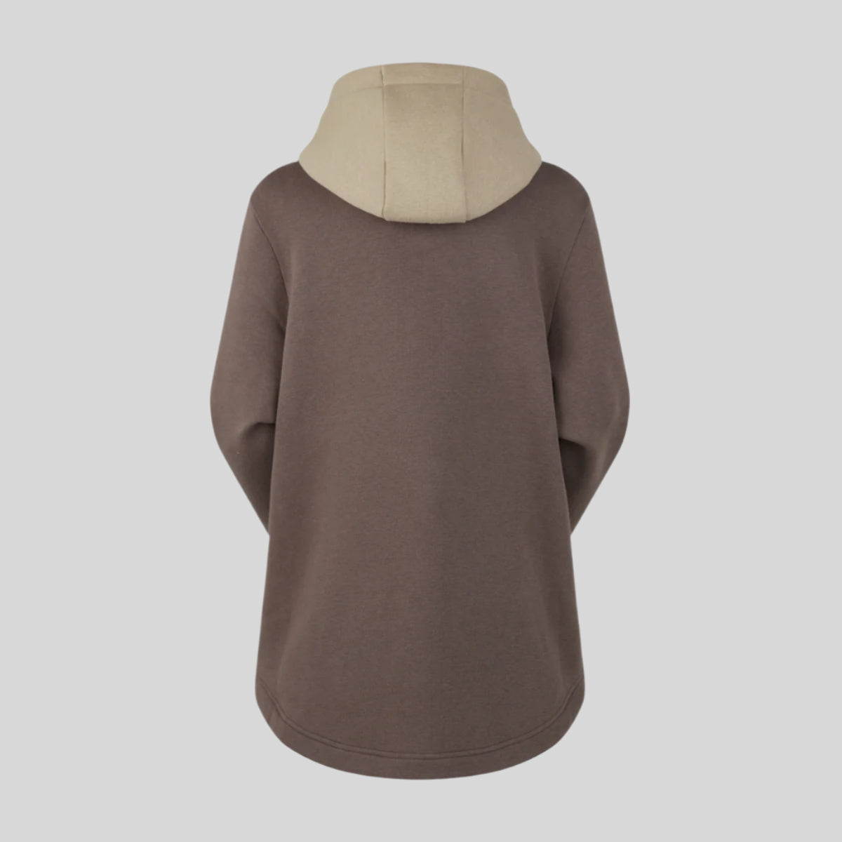 back view of a two-tone brown and beige hoodie with a hood, on a white background