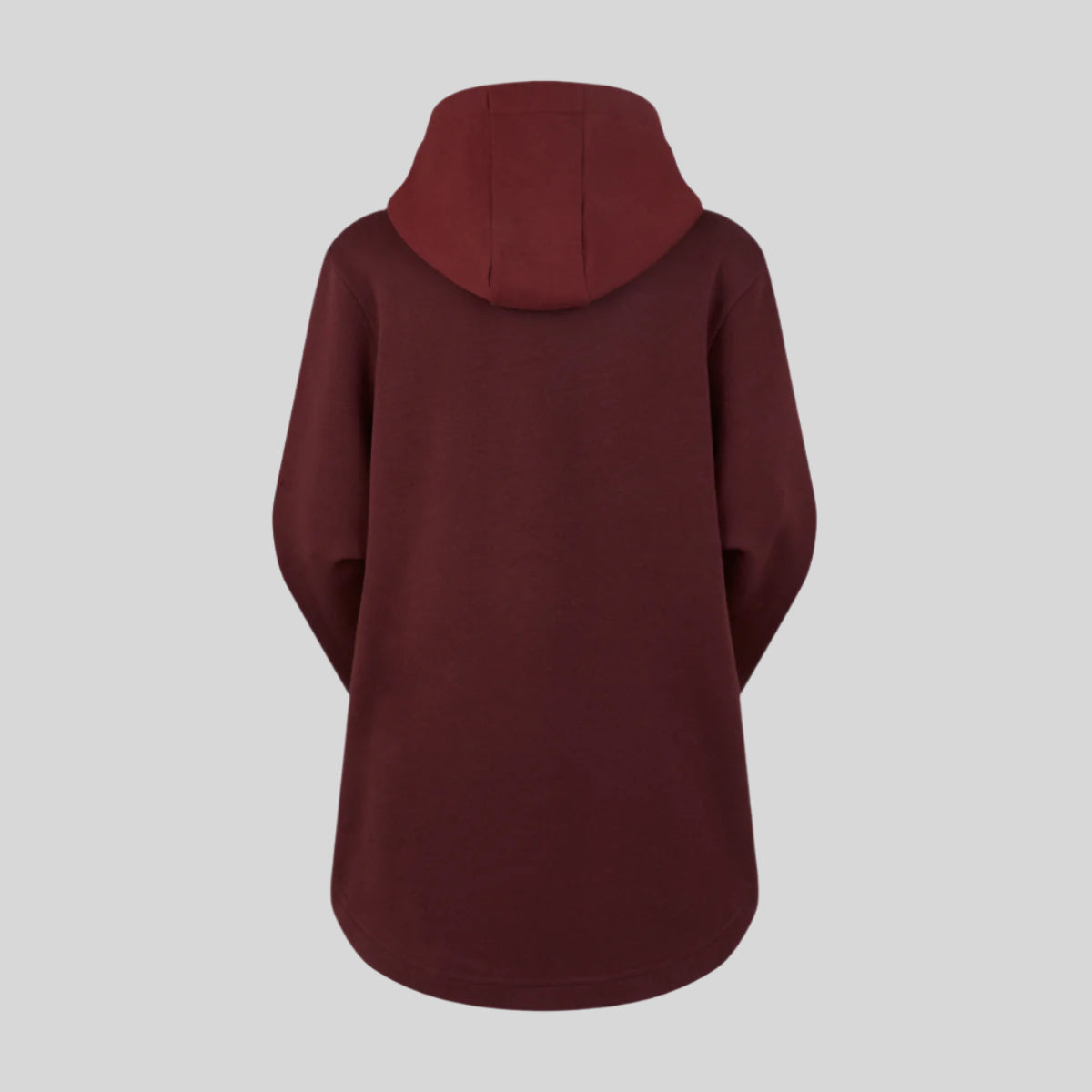 A two-tone red and maroon hoodie with a hood, on a white background