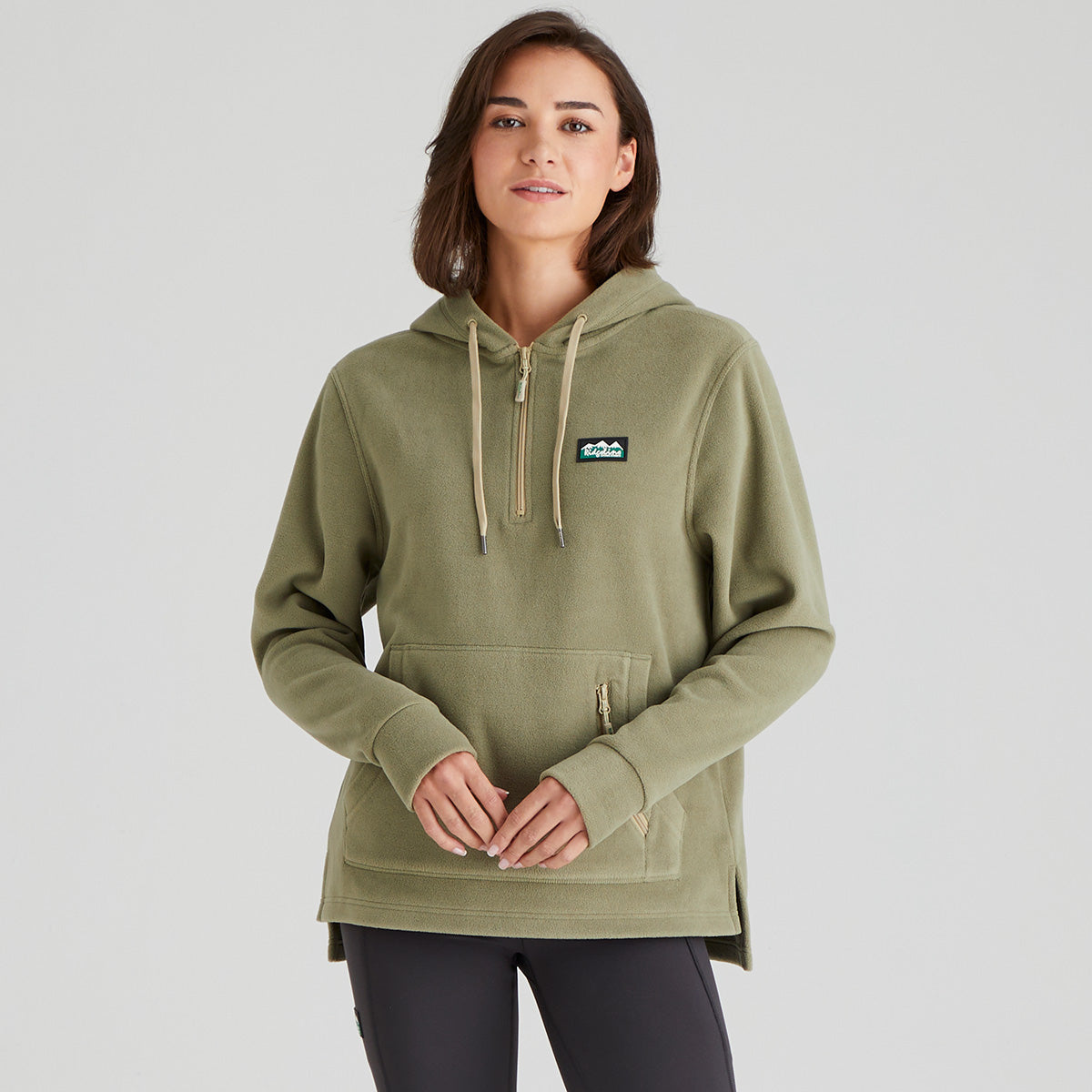 Person wearing a green fleece hoodie with a Ridgeline Clothing logo on a grey background