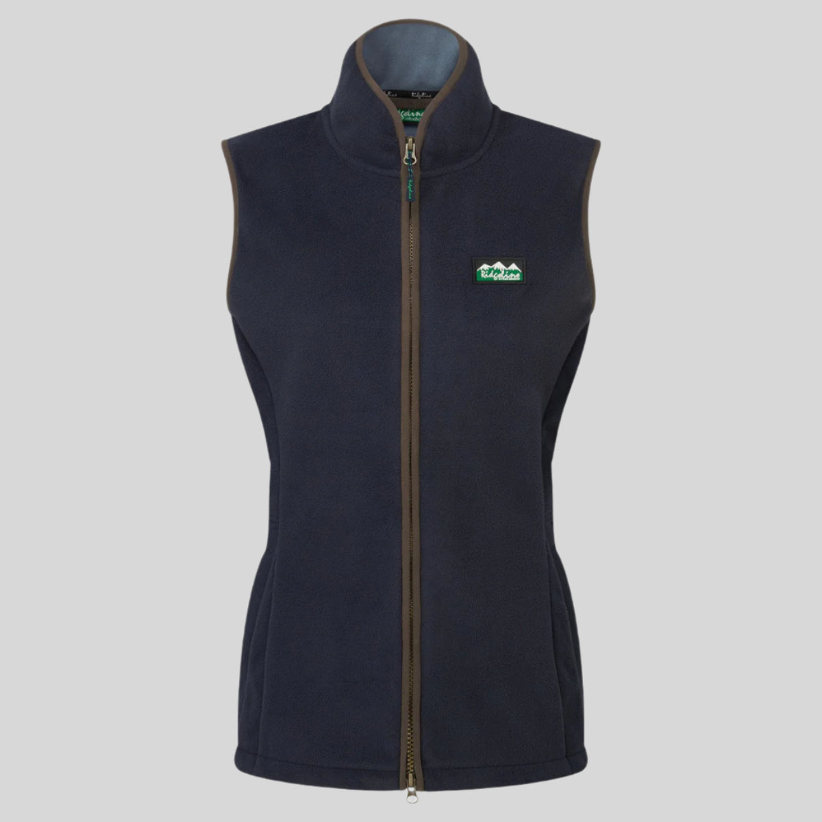 A navy windproof fleece gilet with a high collar, two-way front zip, and two zipped hand pockets. It features a Ridgeline Clothing brand logo on the upper left side.