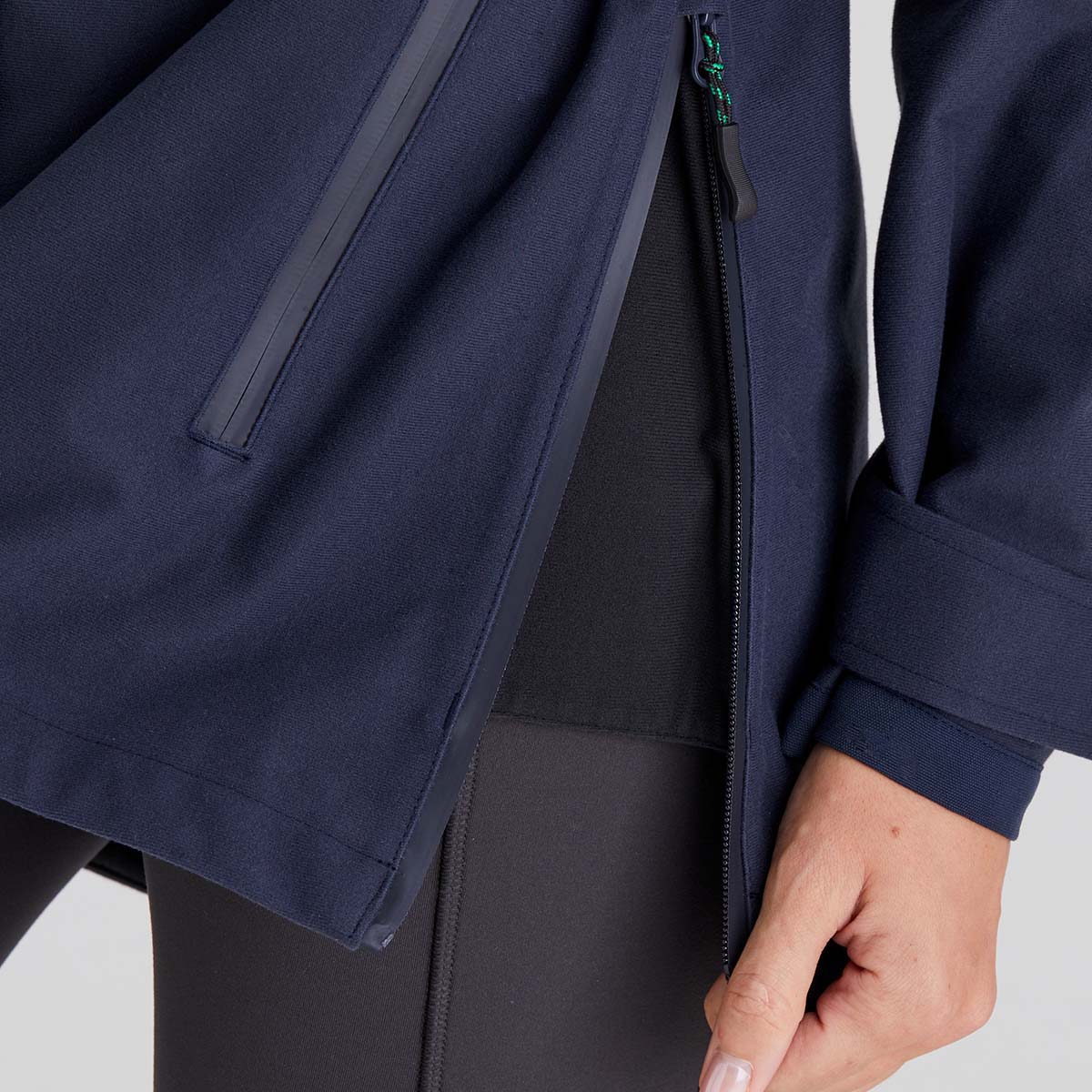 Close up of side zip for breathable vent