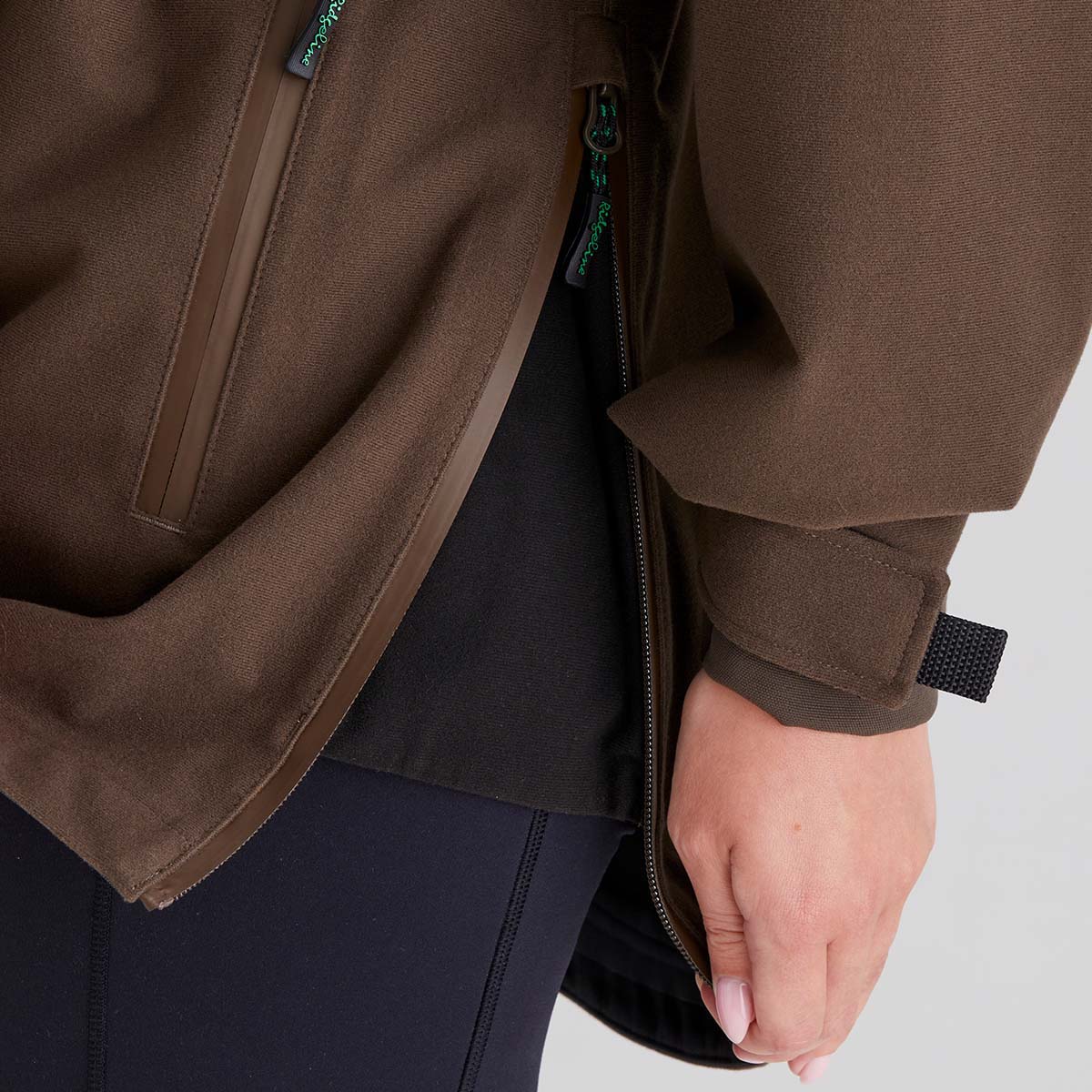 Close up of side vent zip for breathability