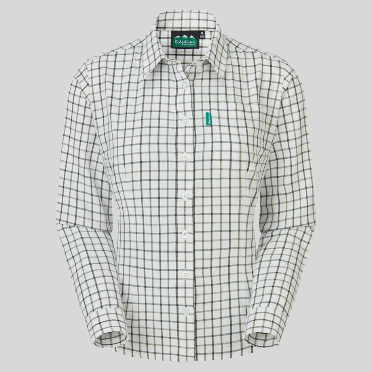 A checked, long-sleeved, semi-formal white and green shirt with a single chest pocket, collar, and a regular fit cut. On a white background