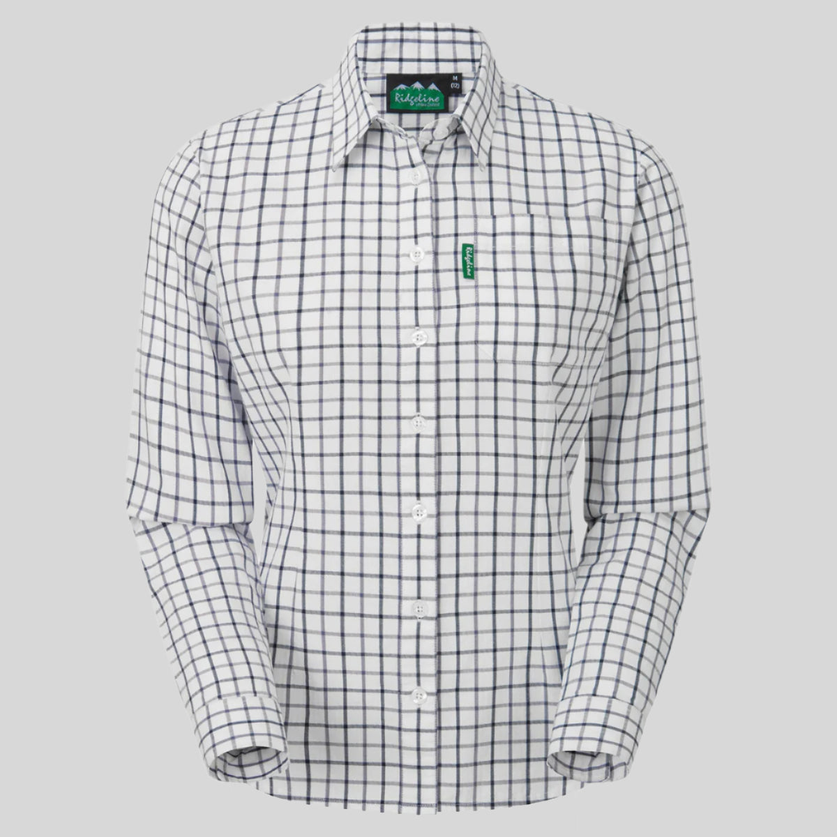 A checkered, long-sleeved, semi-formal white and navy shirt with a single chest pocket, collar, and a regular fit cut