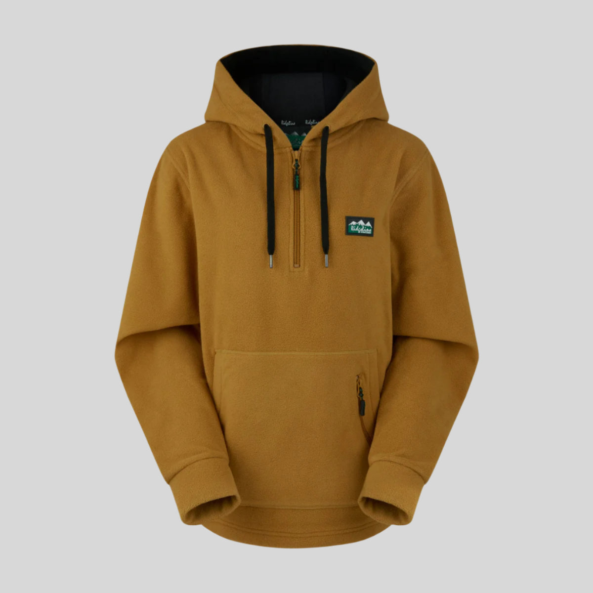 A yellow coloured fleece hoodie with a hood, front pouch pocket, and thumb loops, displayed against a plain background. Ridgeline Clothing Logo on Chest