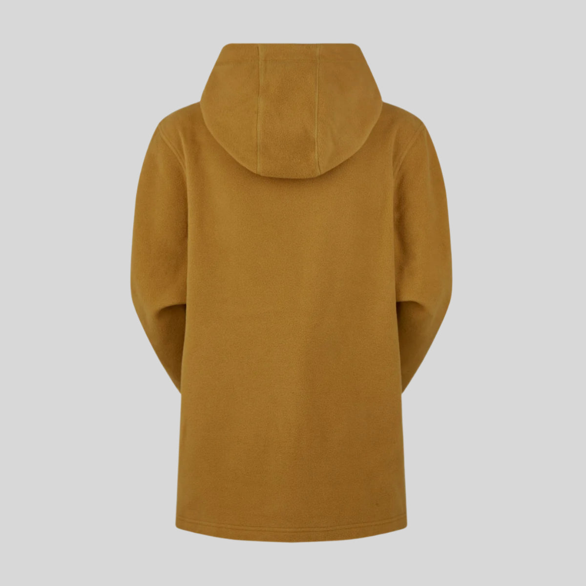 Back view of a yellow coloured fleece hoodie with a hood displayed against a plain background.