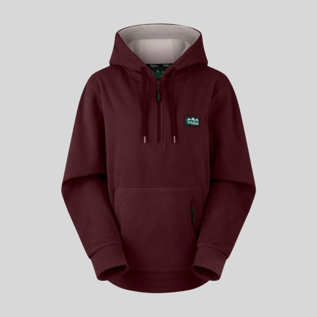 A maroon coloured fleece hoodie with a hood, front pouch pocket, and thumb loops, displayed against a plain background. Ridgeline Clothing Logo On Chest