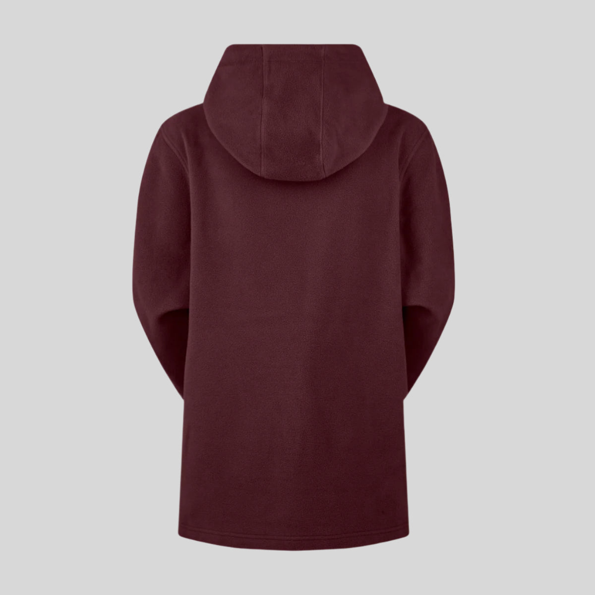 A red coloured fleece hoodie with a hood displayed against a plain background.