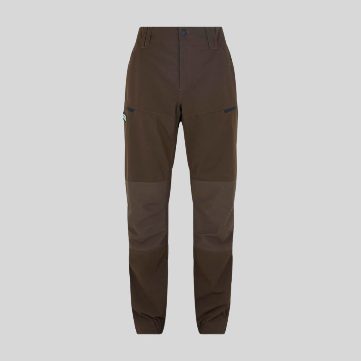 A pair of brown waterproof trousers with reinforced knees, cargo pockets, and side vents, designed for outdoor workwear. on a white background