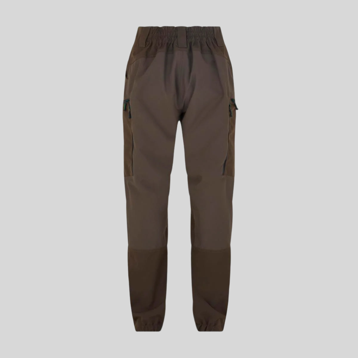Back view of brown waterproof trousers on a white background