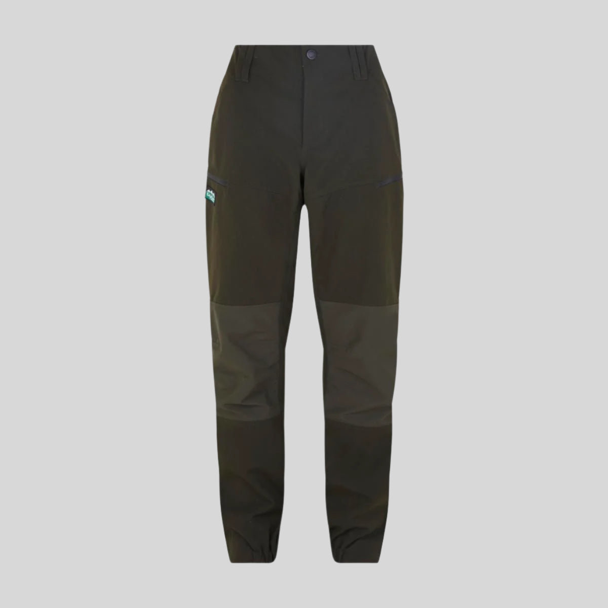 A pair of green , waterproof trousers with multiple pockets and reinforced areas at the knees and seat. on a white background