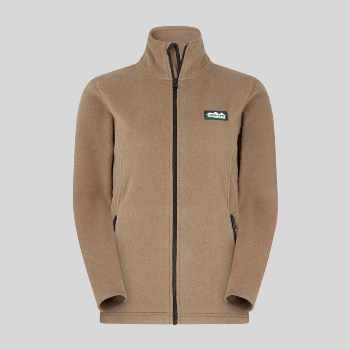 A beige fleece jacket with a full-length front zip and two zipped hand pockets, featuring a shaped bust seam and easy-grab zipper pullers. On white background