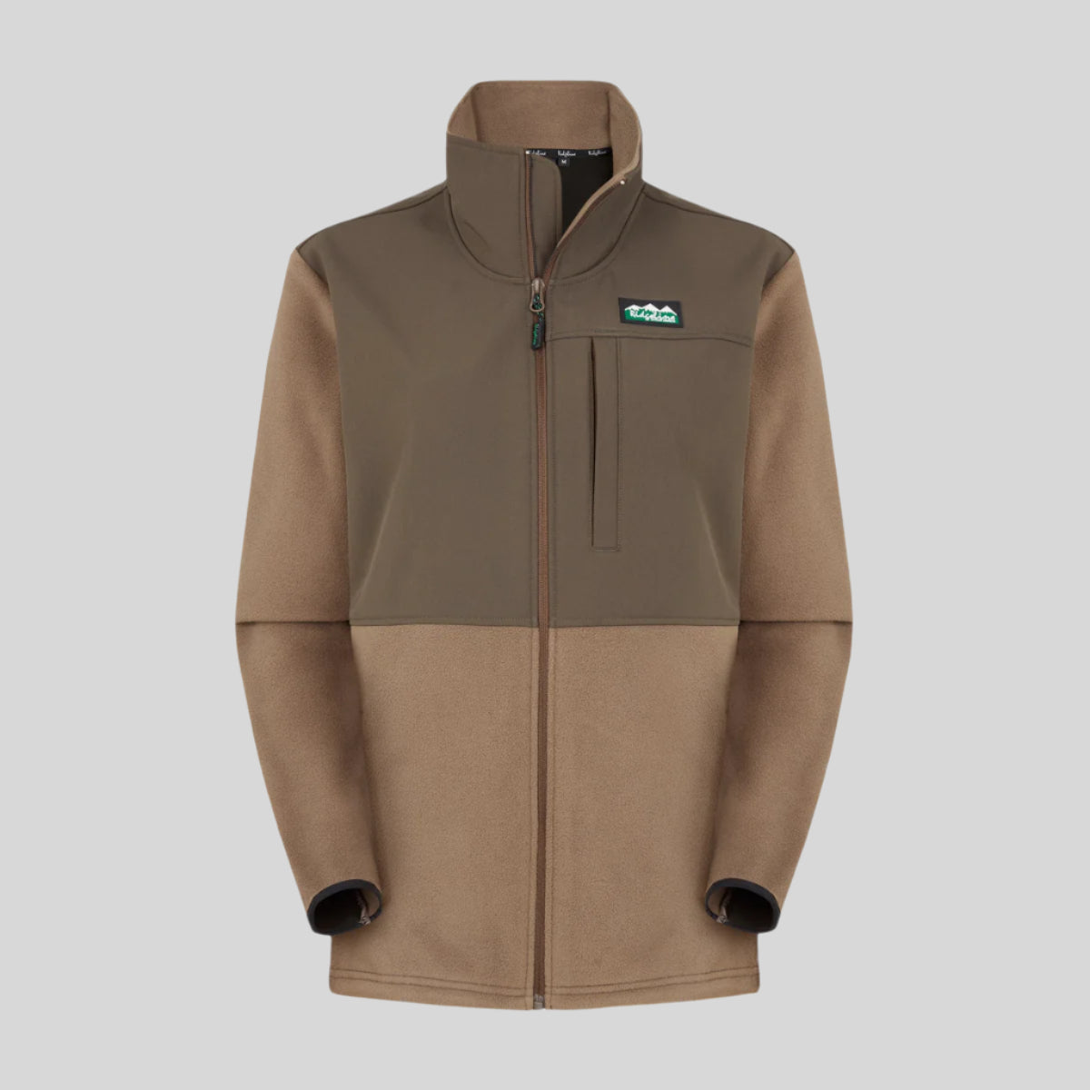 A brown Hybrid windproof fleece Jacket with a high collar, zippered chest pocket, and adjustable drawstrings at the hem. on a white background