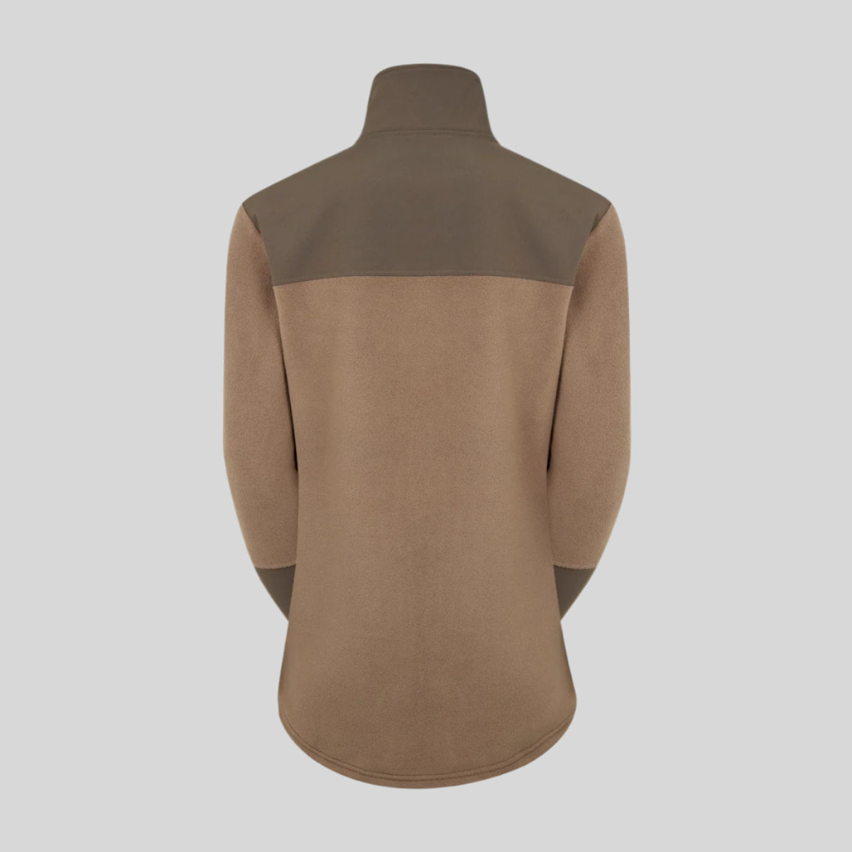 back view of brown two-tone shirt with a collar on a white background