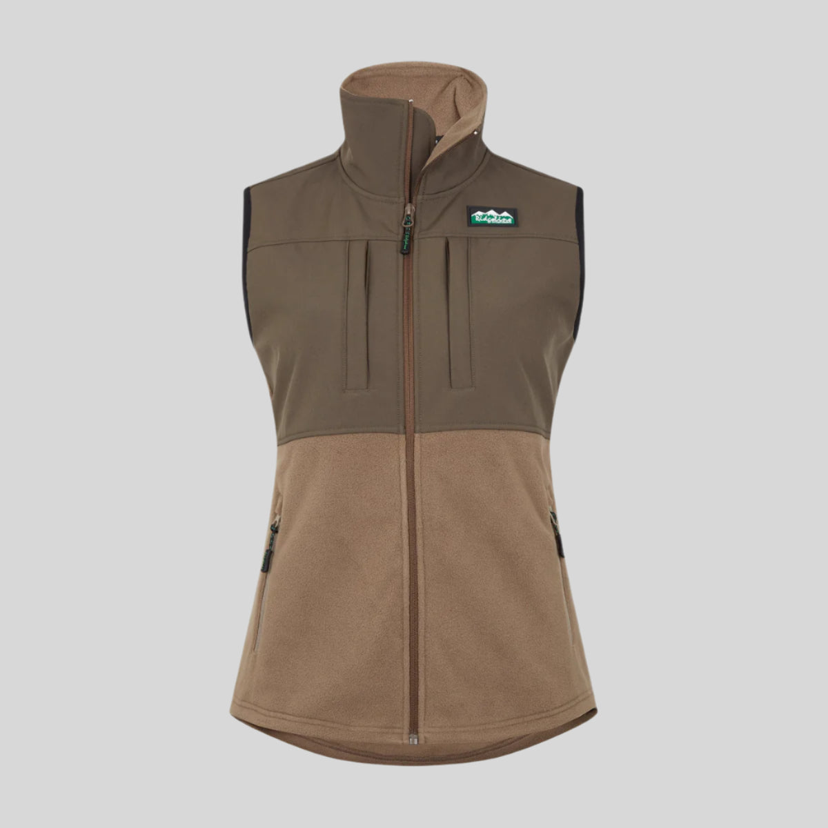 A two tone brown hybrid vest with a full-length front zip, chest pockets, and an adjustable drawcord at the hem. on a white background