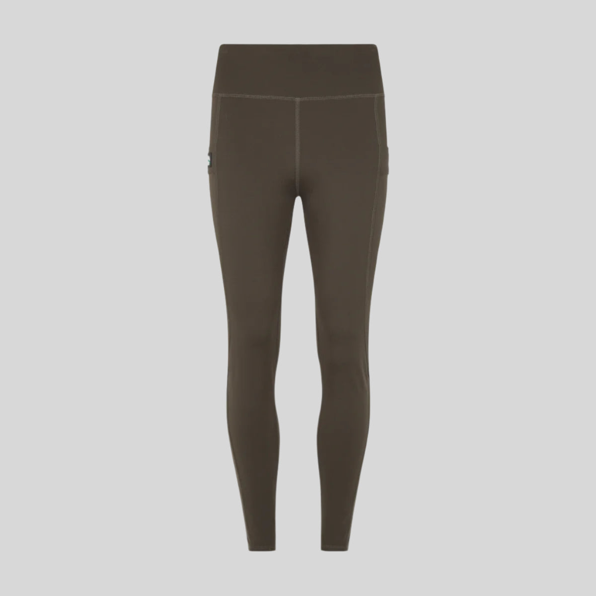A pair of brown leggings against a solid background.