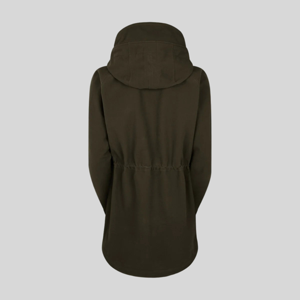 back view of A brown Monsoon II Classic Smock with a hood. on a white background