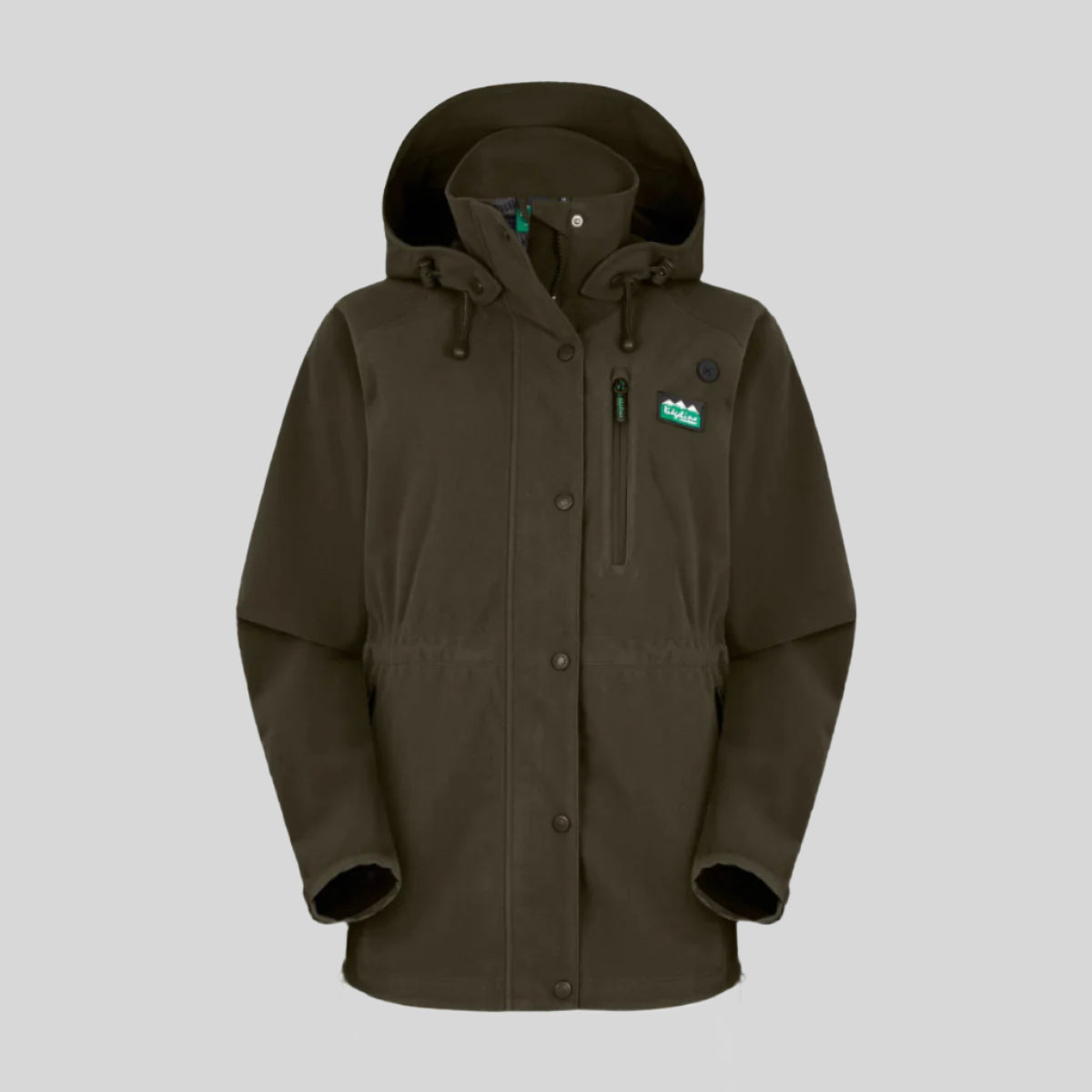 A green full-zip waterproof jacket with a hood, featuring a chest pocket and side hip zips, designed for outdoor use. on a white background